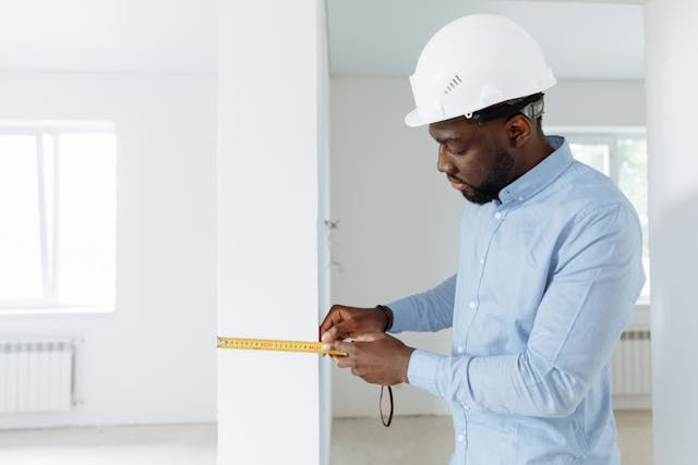 person with hard hat and measuring tape